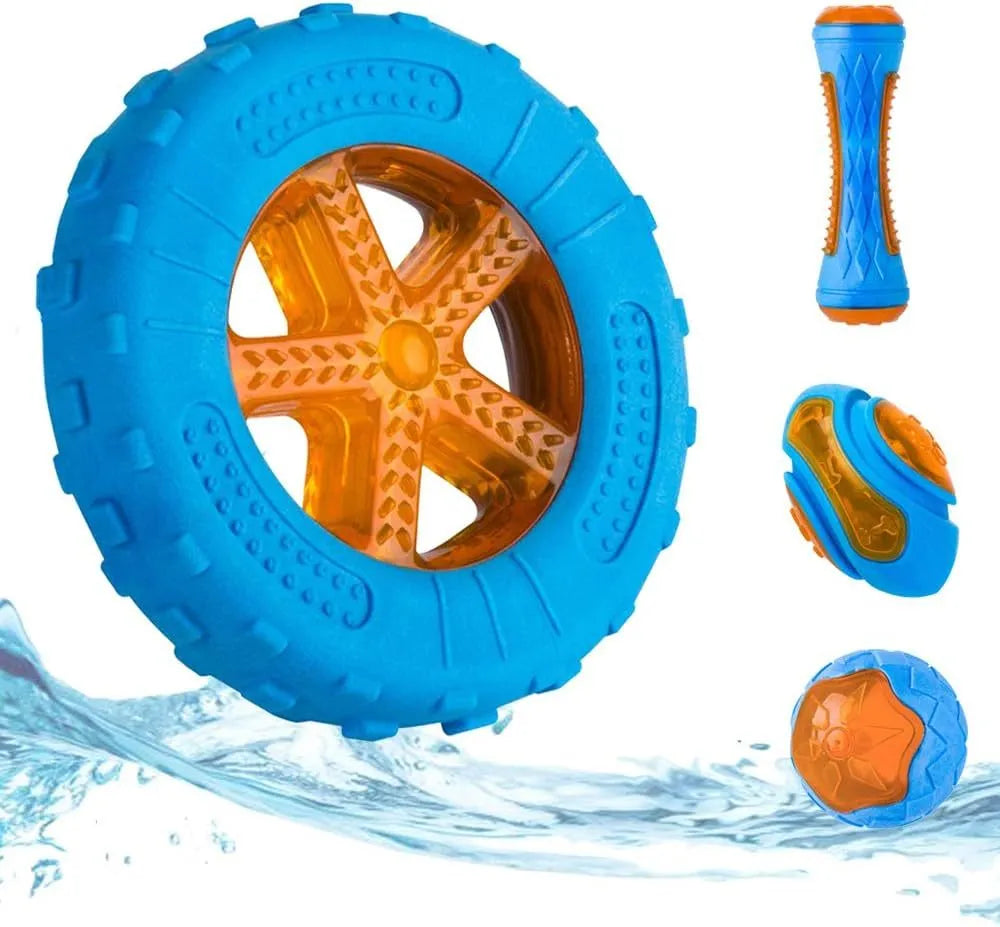 Set of four colourful floating dog toys: a ball, a barbell, and two tyres on a blue background.