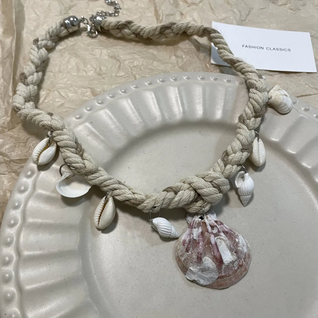 Shell pendant braided rope necklace on collarbone chain, electroplated finish, adjustable 51-60cm circumference