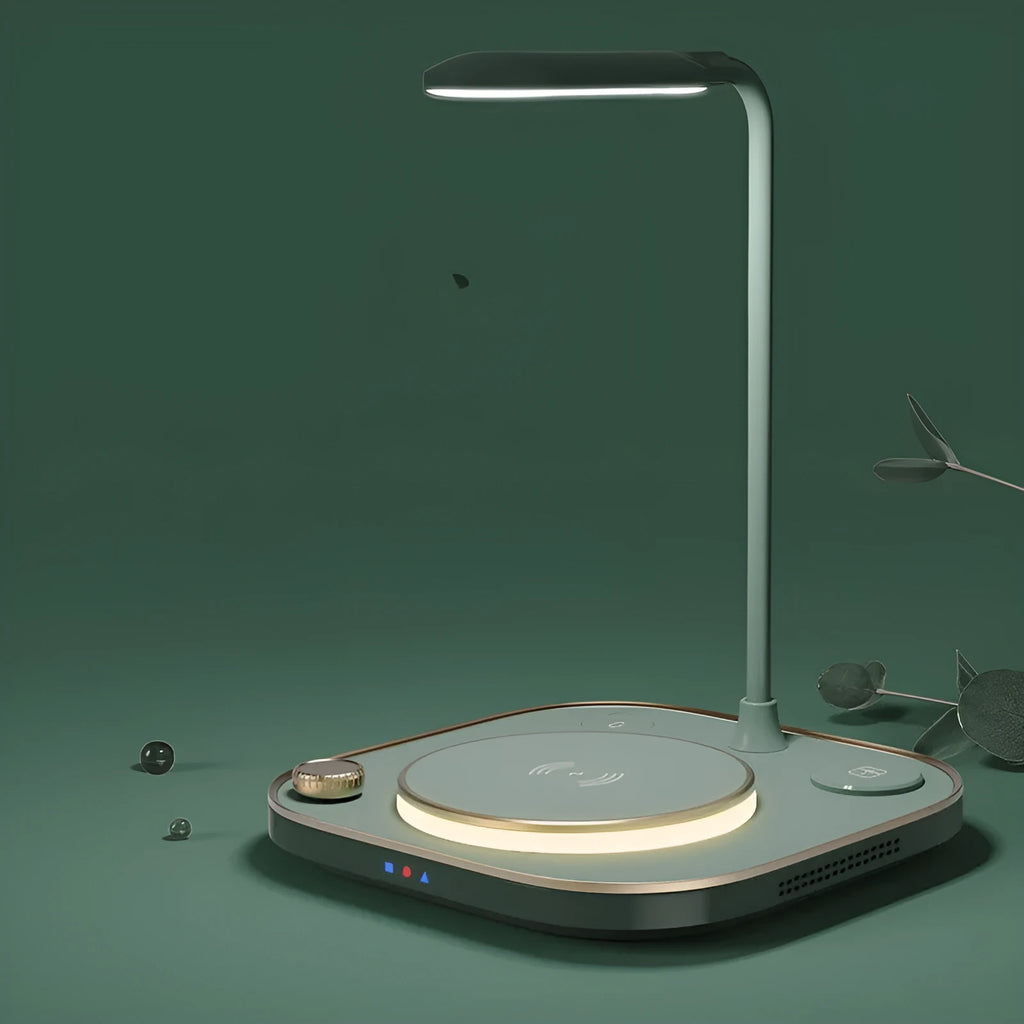 Three-in-one wireless magnetic charging desk lamp station in black, green, or white with 15W fast charging