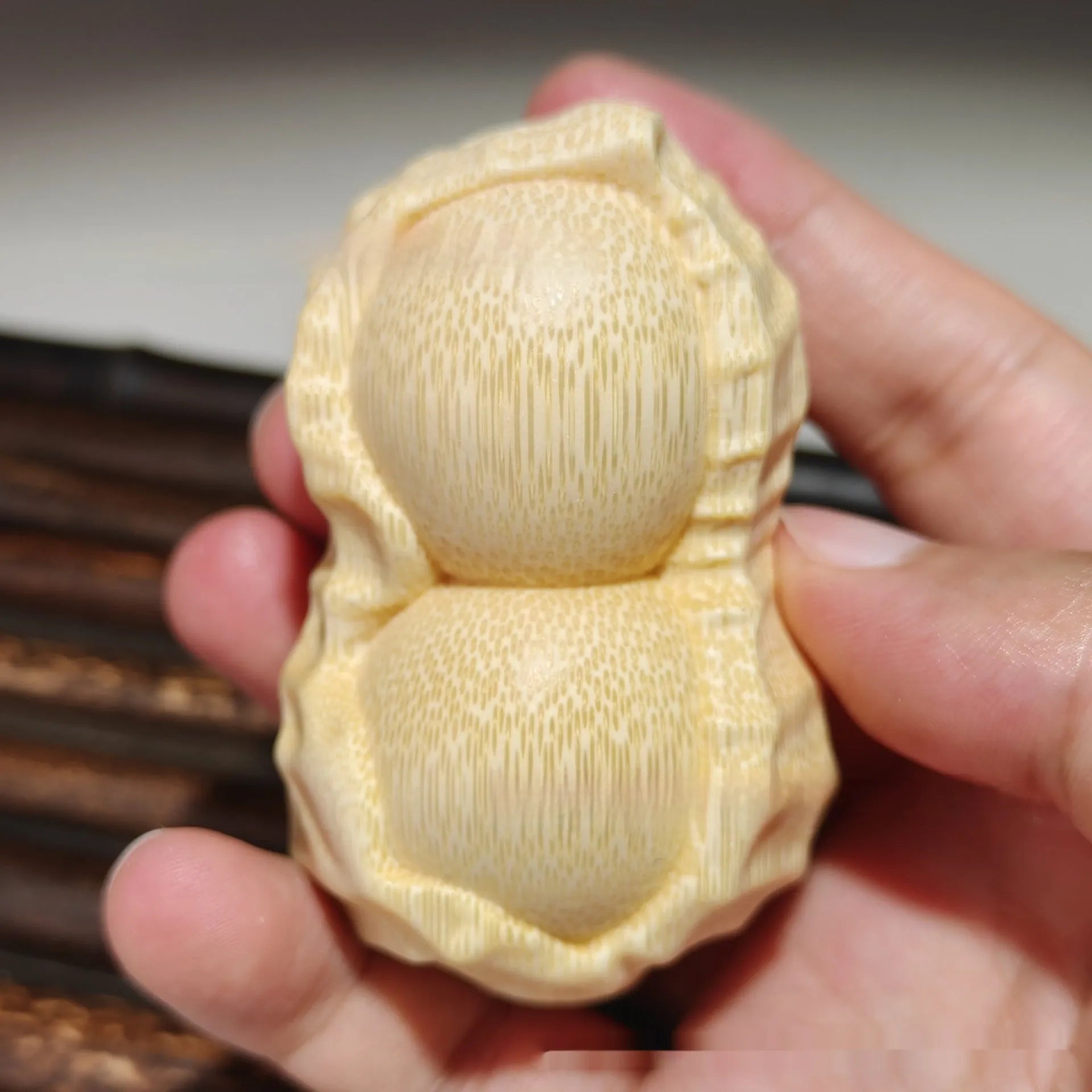 Natural solid bamboo carving peanut ornament with modern simplicity design for gift giving