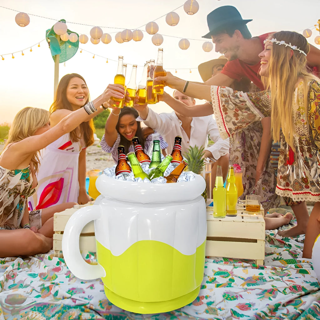 Yellow inflatable PVC ice bucket designed for beer steins cooling at outdoor events
