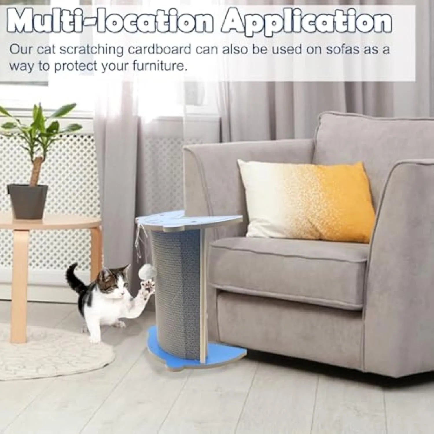 Cat corner scratching pad mounted on wall with replaceable scratching board and hanging ball