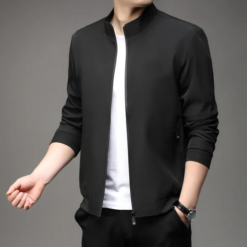 Korean style loose lapel autumn jacket in black with zip pockets shown in casual setting