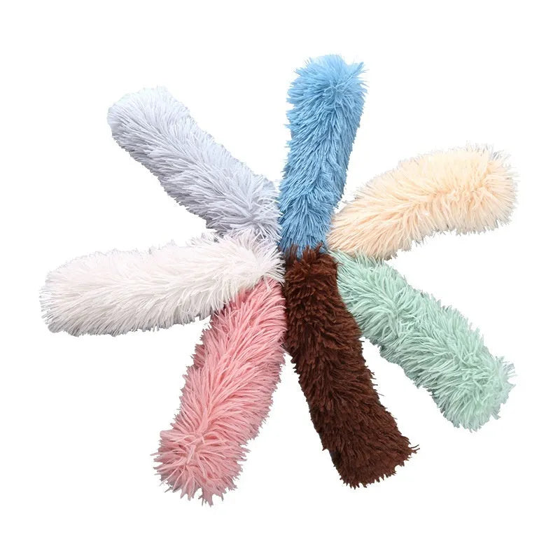 Plush cat toy containing catnip and ringing paper, about 30cm long, available in multiple colours