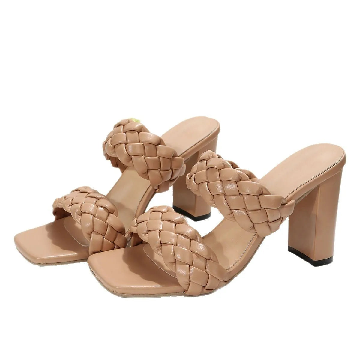 Square toe flip-flops with chunky heel and woven twisted straps in apricot colour