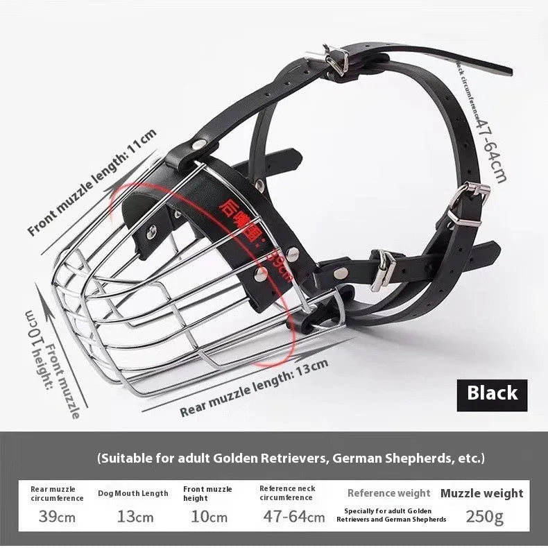 Black metal dog muzzle designed for golden retriever and German shepherd breeds