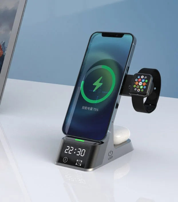 Black multifunctional wireless charging alarm clock with spots for phone, Apple Watch, and earphones.