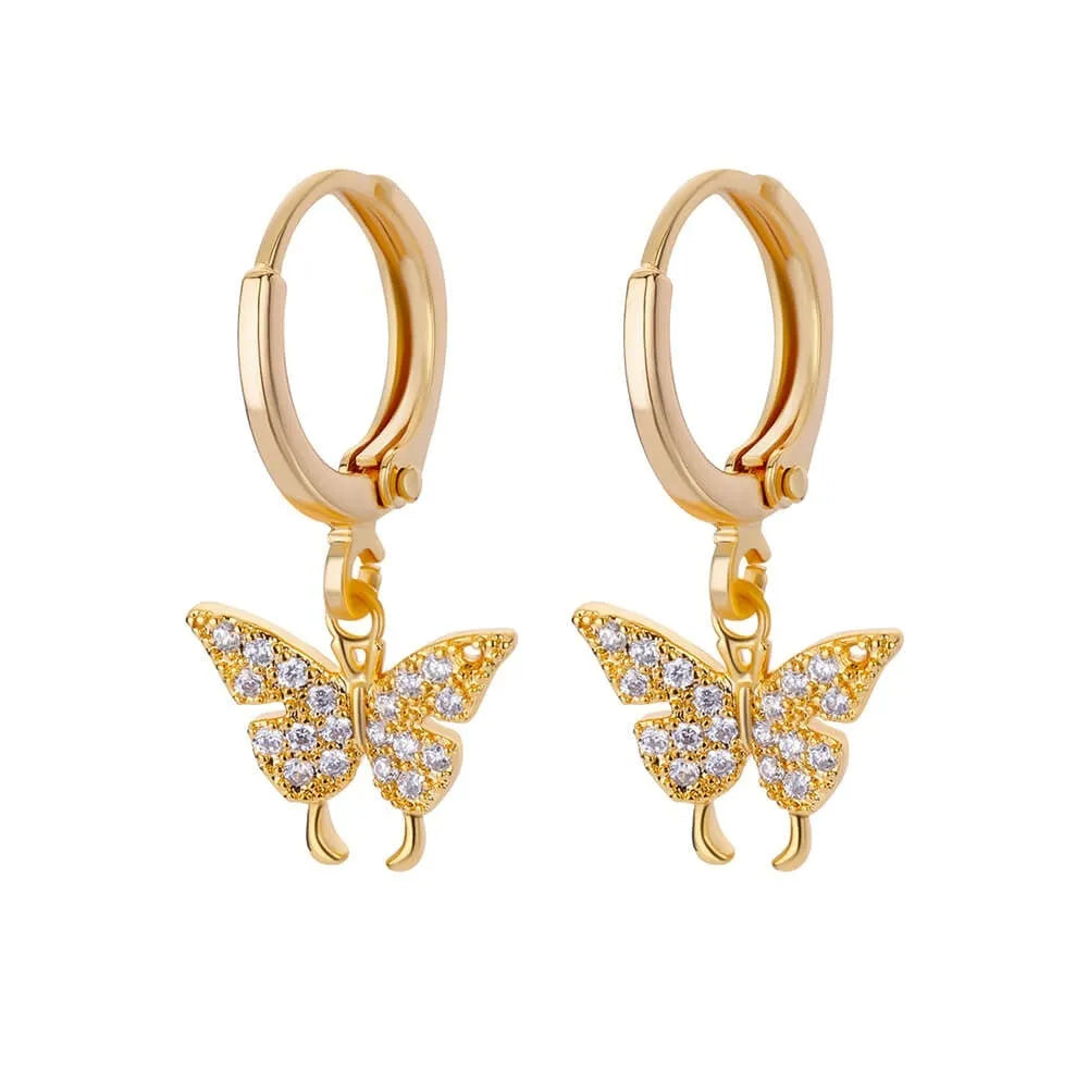 Women's geometric butterfly earrings with heart, star, and bow designs in copper with diamond treatment