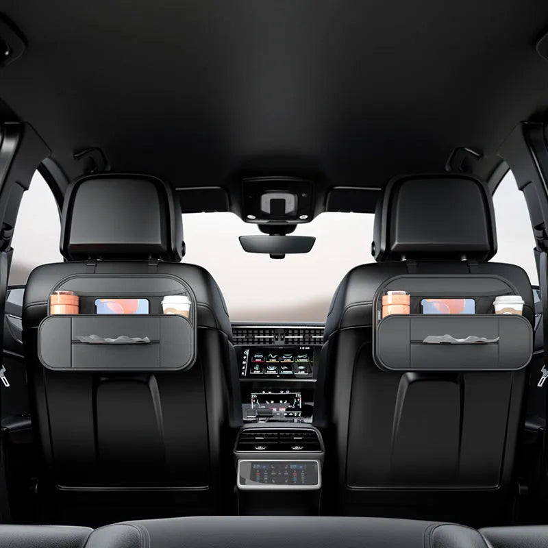 Black genuine leather car seat back storage bag with multiple compartments
