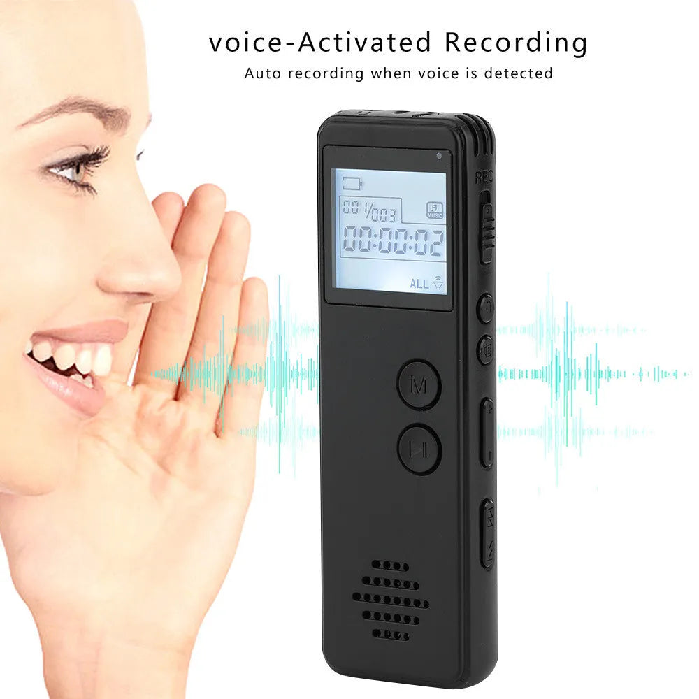 Black digital voice recorder with screen, microphone, and control buttons.