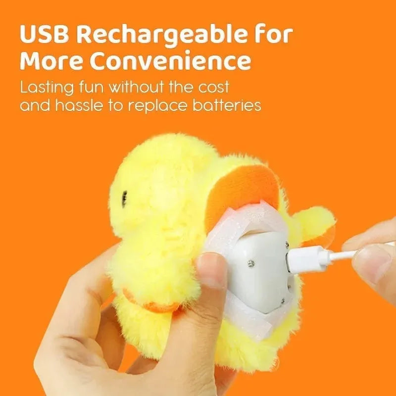 Yellow flapping duck cat toy with vibration sensor and USB charging cable