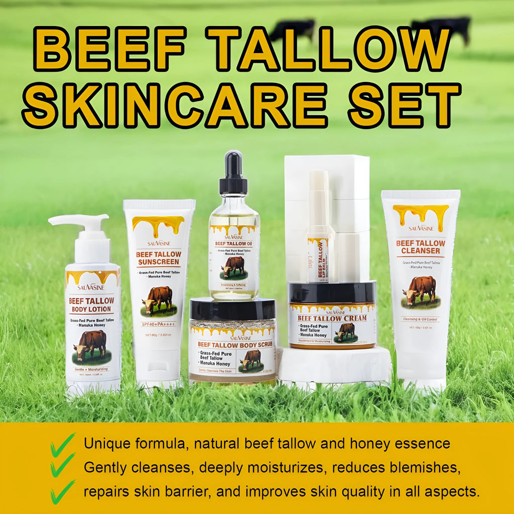 Beef tallow seven-piece skincare set showing facial cleanser, face cream, lipstick, protective cream, body lotion and facial scrub