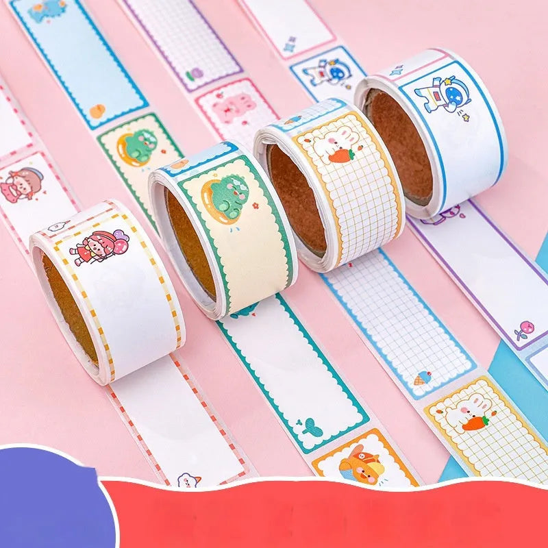 Roll of cartoon message index stickers showing dinosaur, astronaut, rabbit, and girl designs