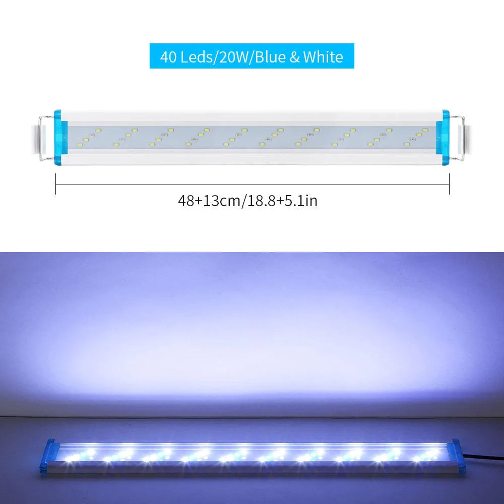 Ultra-thin LED aquarium light with blue and white illumination for fish tanks, available in sizes from 18cm to 58cm