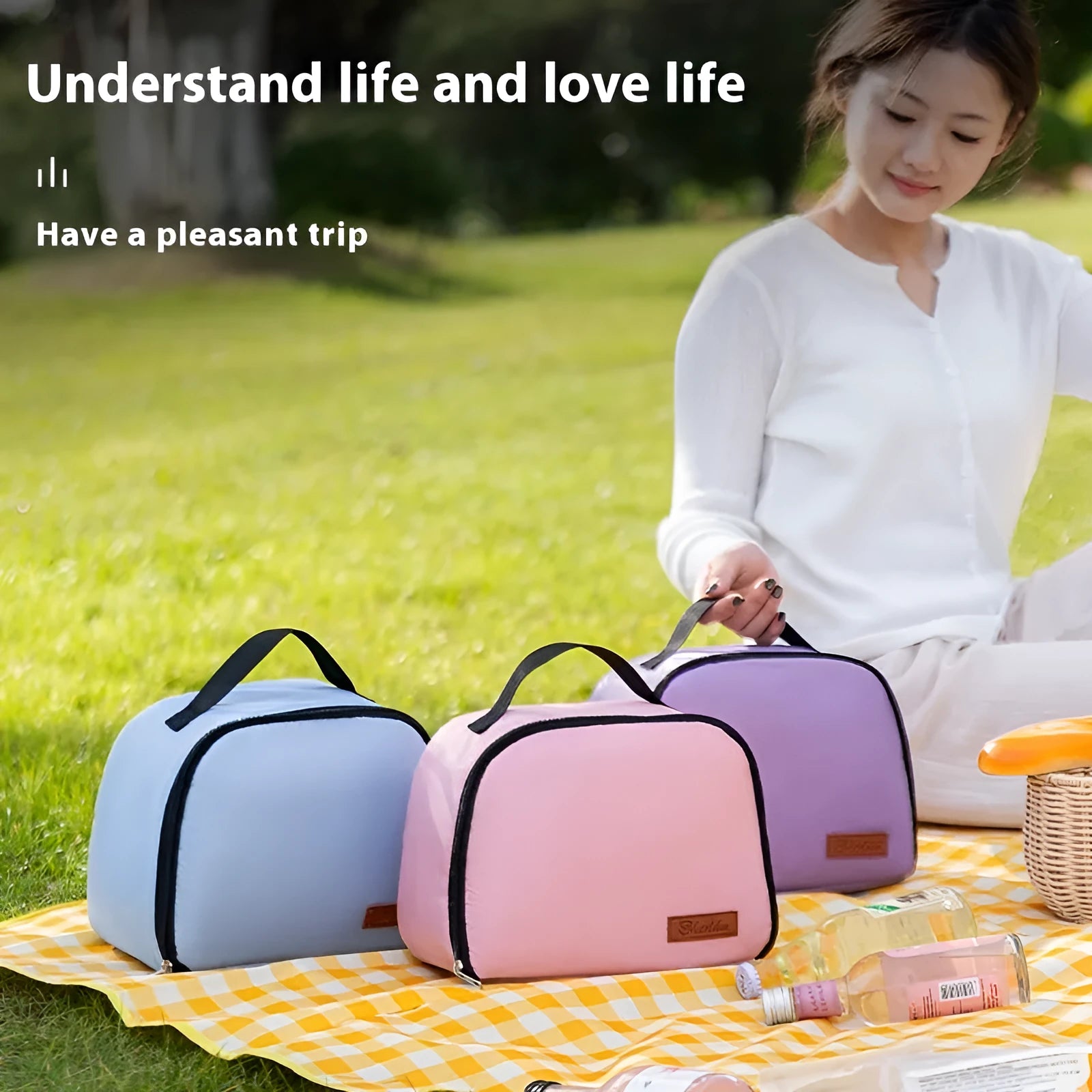 Insulated large capacity lunch box bag in textured cloth, shown in multiple colour options.