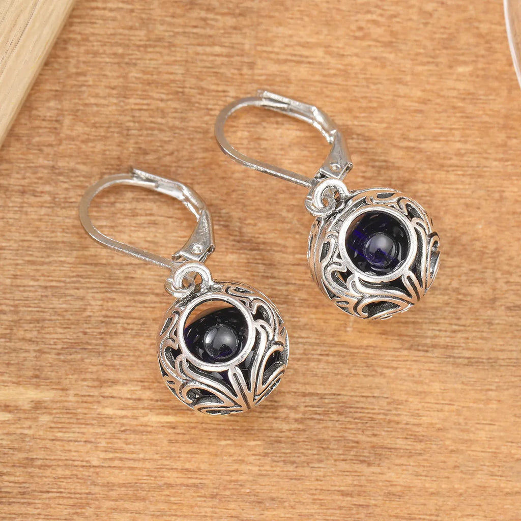 Vintage engraving hollow blue gemstone pendant drop earrings in silver colour for women, geometric shape