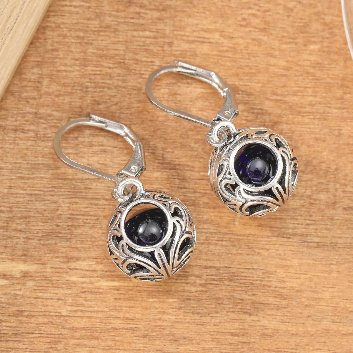 Vintage engraving hollow blue gemstone pendant drop earrings in silver colour for women, geometric shape