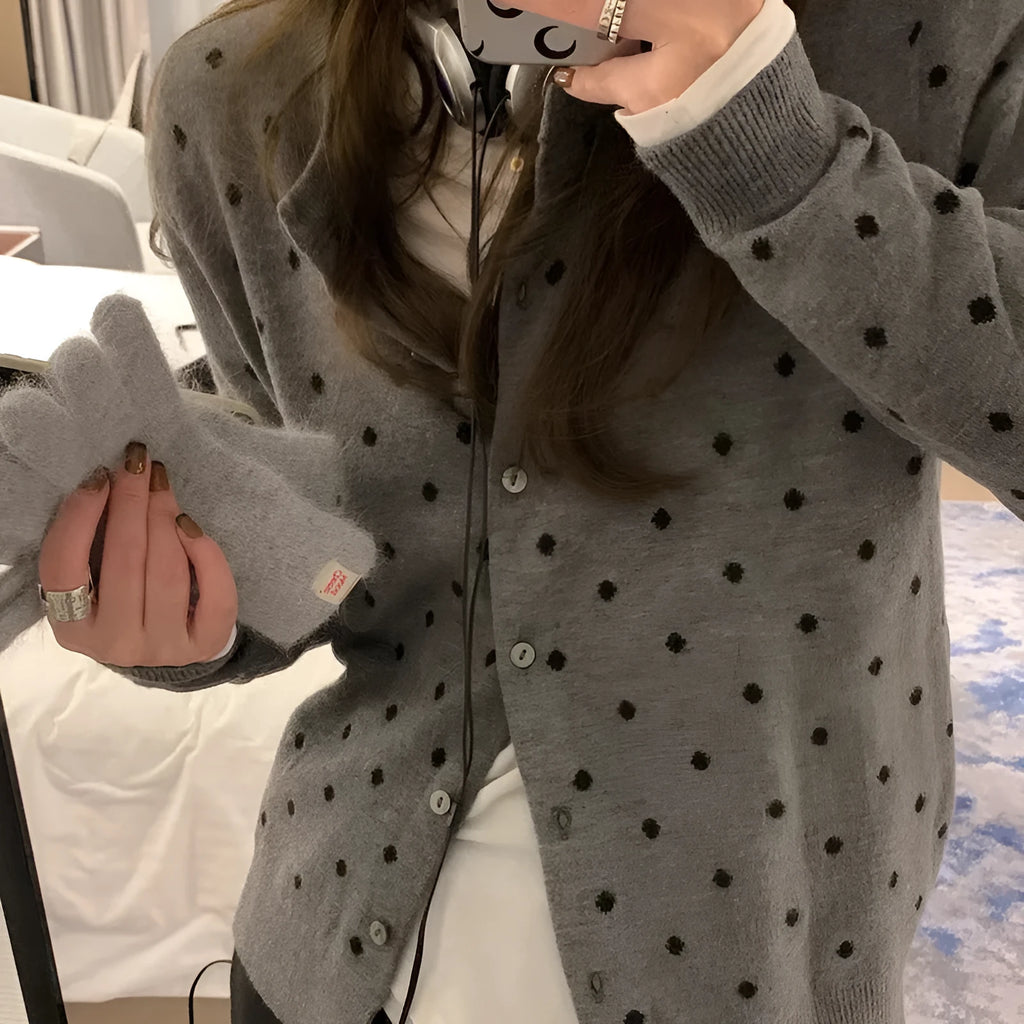 Women's grey dot pattern knitted cardigan with crocheted flower sleeves in loose fit free size