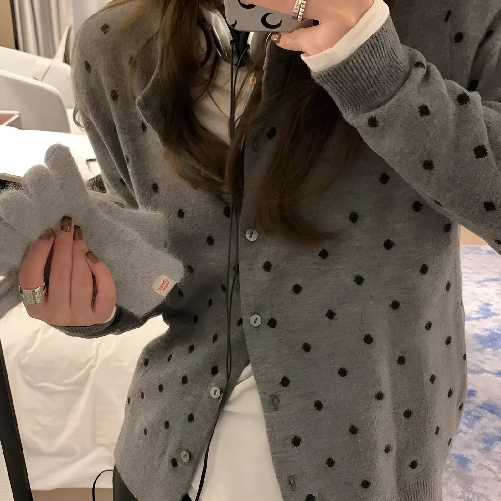 Women's grey dot pattern knitted cardigan with crocheted flower sleeves in loose fit free size