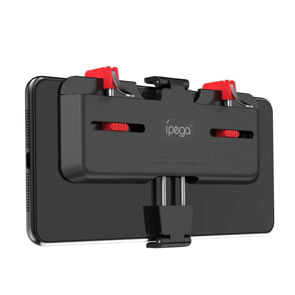 Black mobile gaming phone mount bracket with an extended metal trigger and telescopic clamping clip.