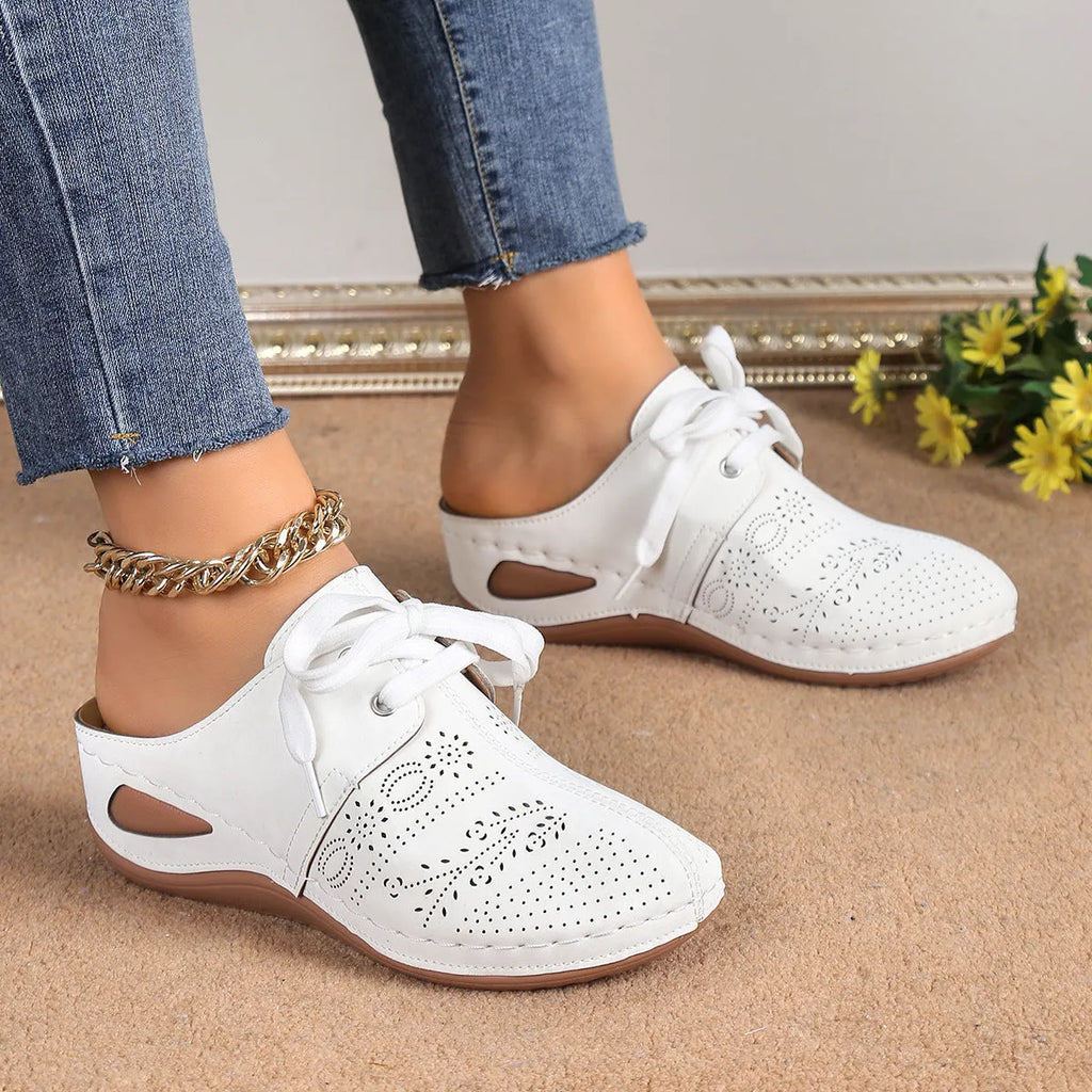Women's lace-up wedge slippers with hollow out design in multiple colour options