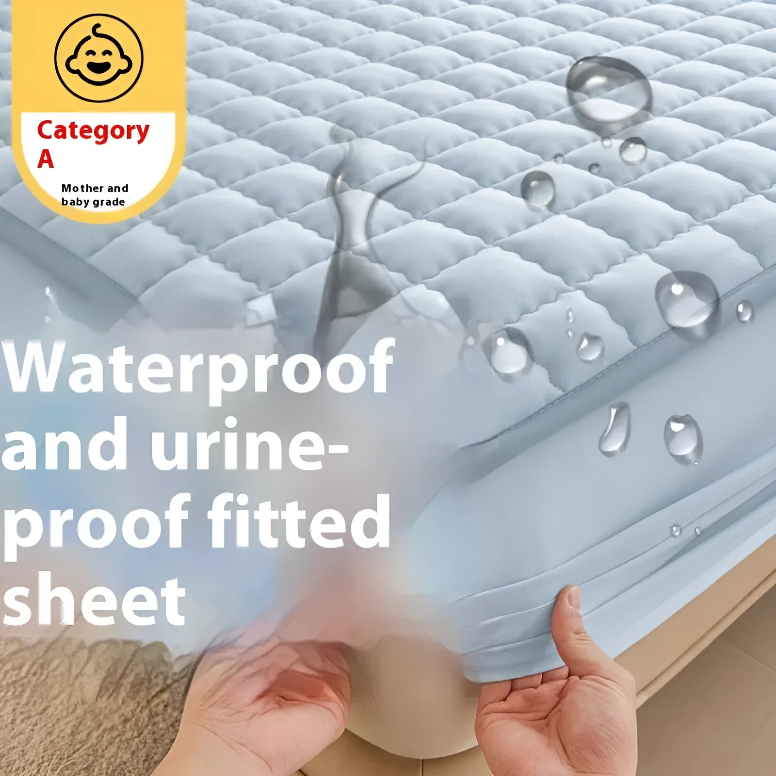 Class A waterproof fitted sheet in blue, shown stretched over a mattress corner.