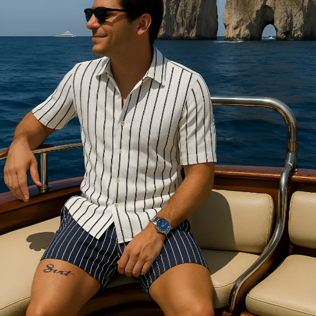 Men's blue beach shirt and shorts set in four-sided elastic fabric shown on model