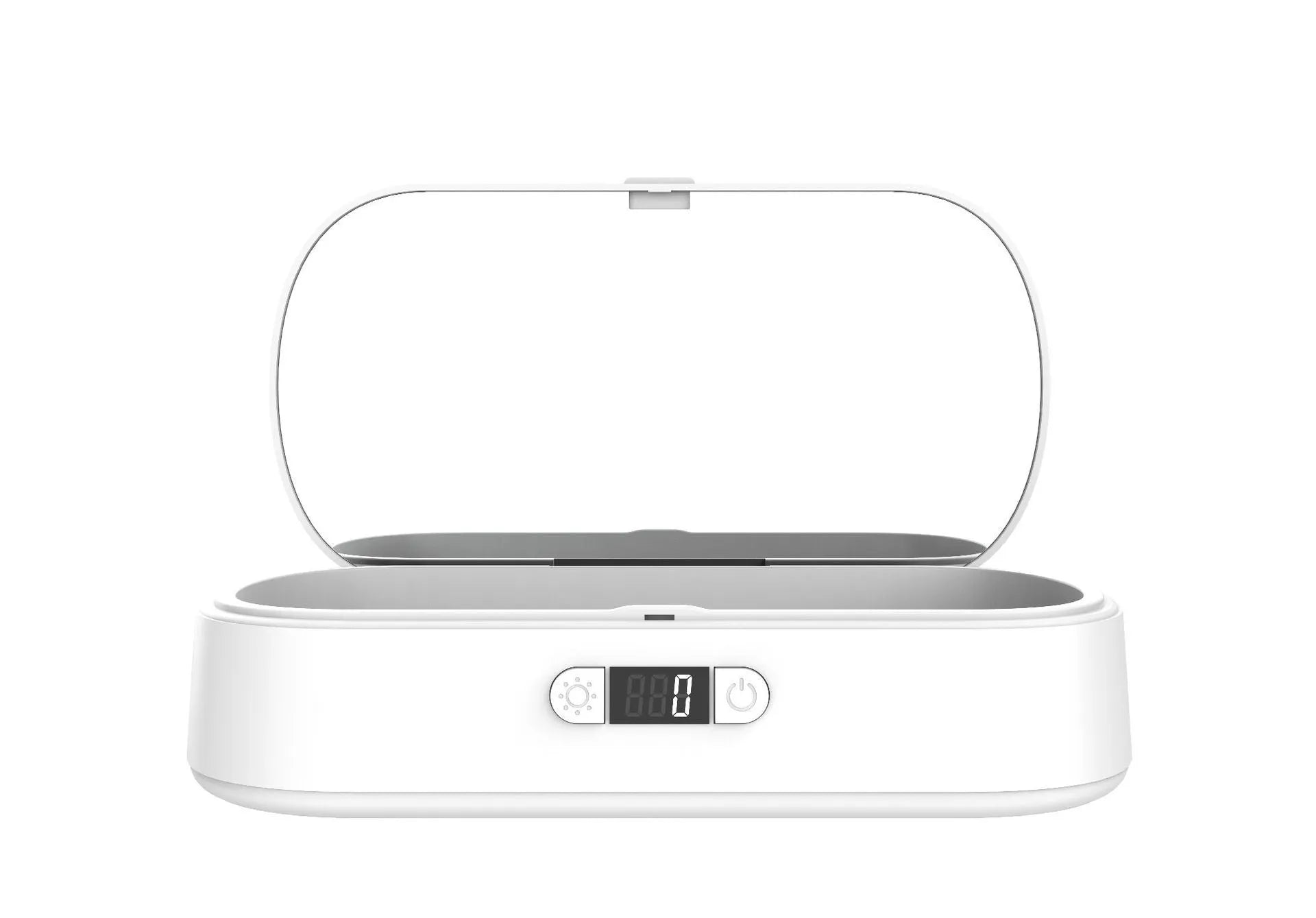 White portable UV steriliser box with wireless charging for phones and toothbrushes