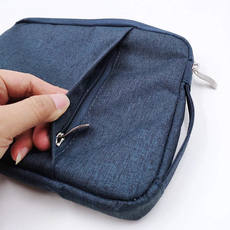 Canvas handbag-style protective case for a Pro 12.9 tablet in grey, light grey, navy, and rose red colour options.