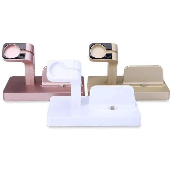 White 2 in 1 charging dock station holding an iPhone and an Apple Watch on a wooden desk.