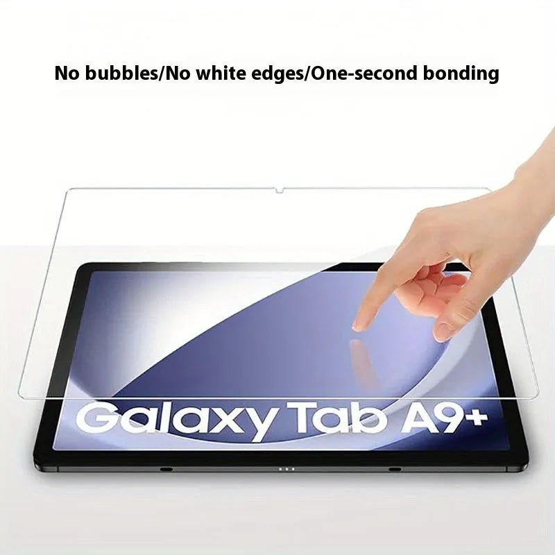 Tempered glass screen protector for Samsung Galaxy tablet showing HD clarity and edge design.
