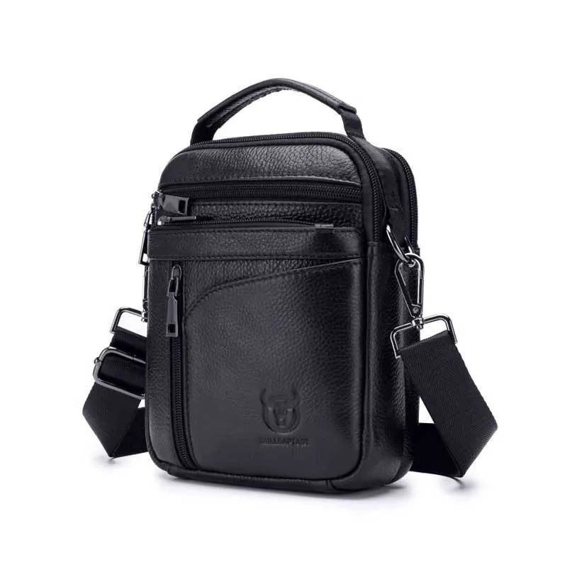 Men's genuine leather shoulder messenger bag solid black colour retro style