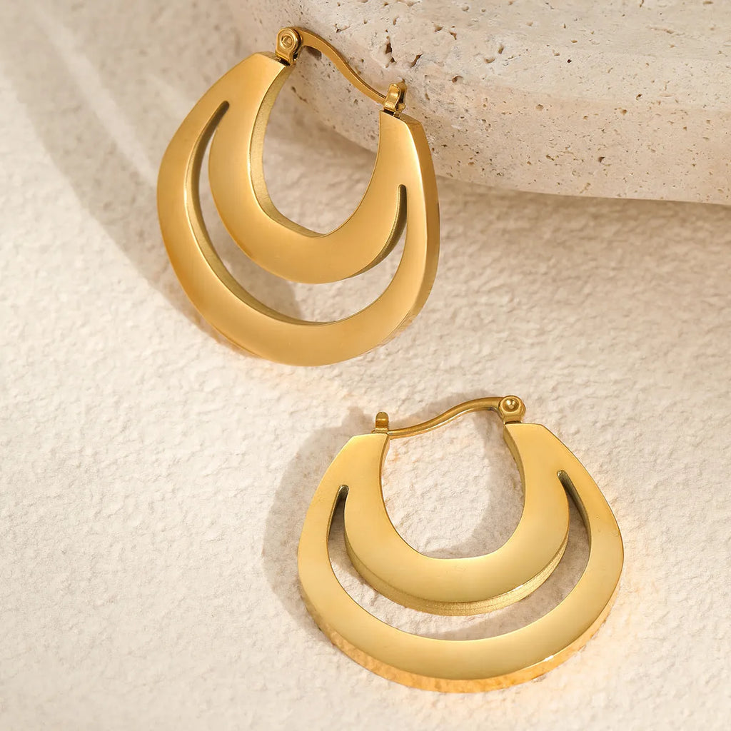 Geometric French earrings with round ring design in 18K gold-plated stainless steel, available in gold or steel colour finish