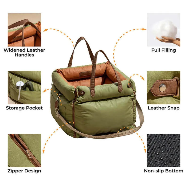 Green waterproof PU leather dog car nest bed with removable inner cushion, shown next to a car seat.
