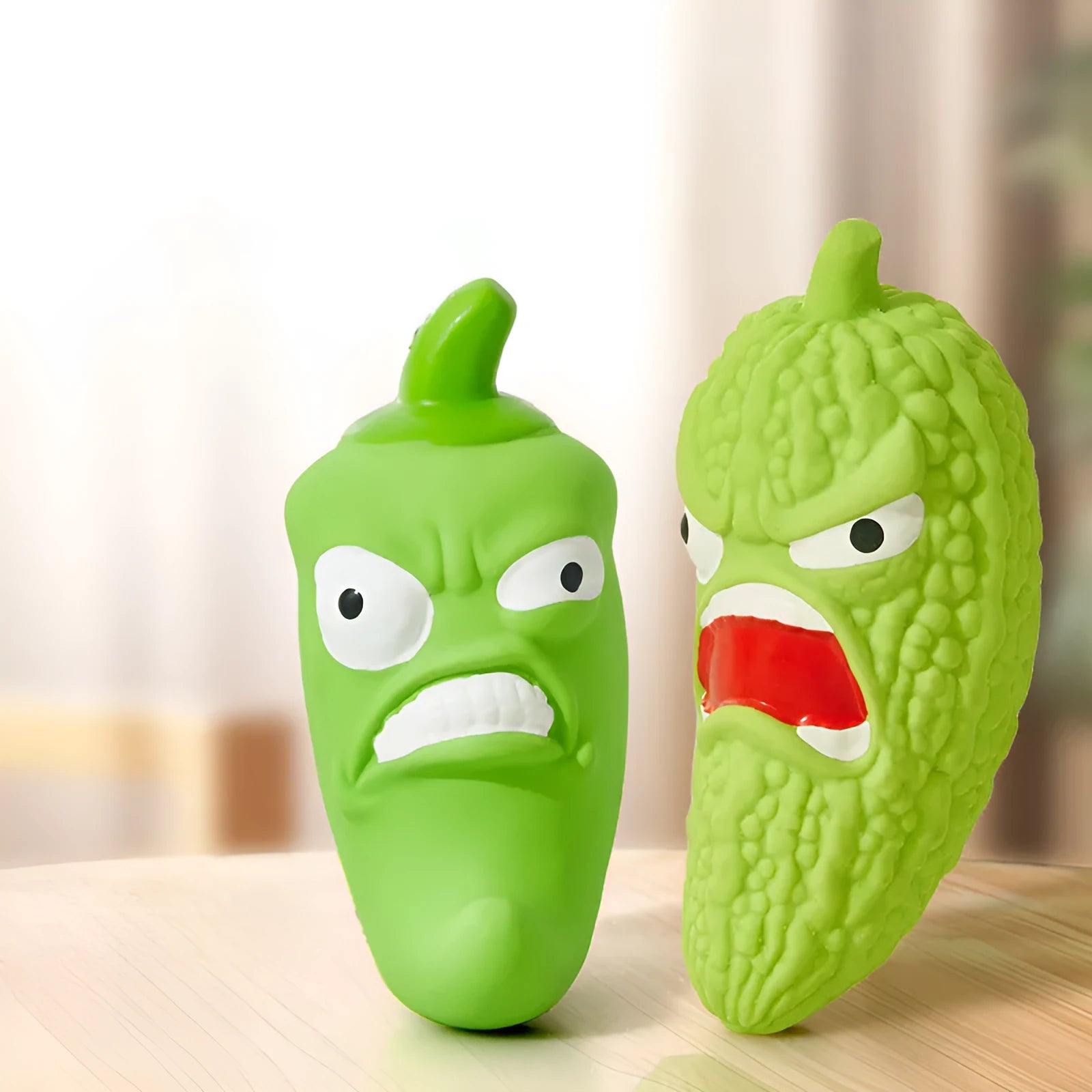 Bitter melon and chilli shaped dog toys with textured surfaces for bite resistance and teeth cleaning