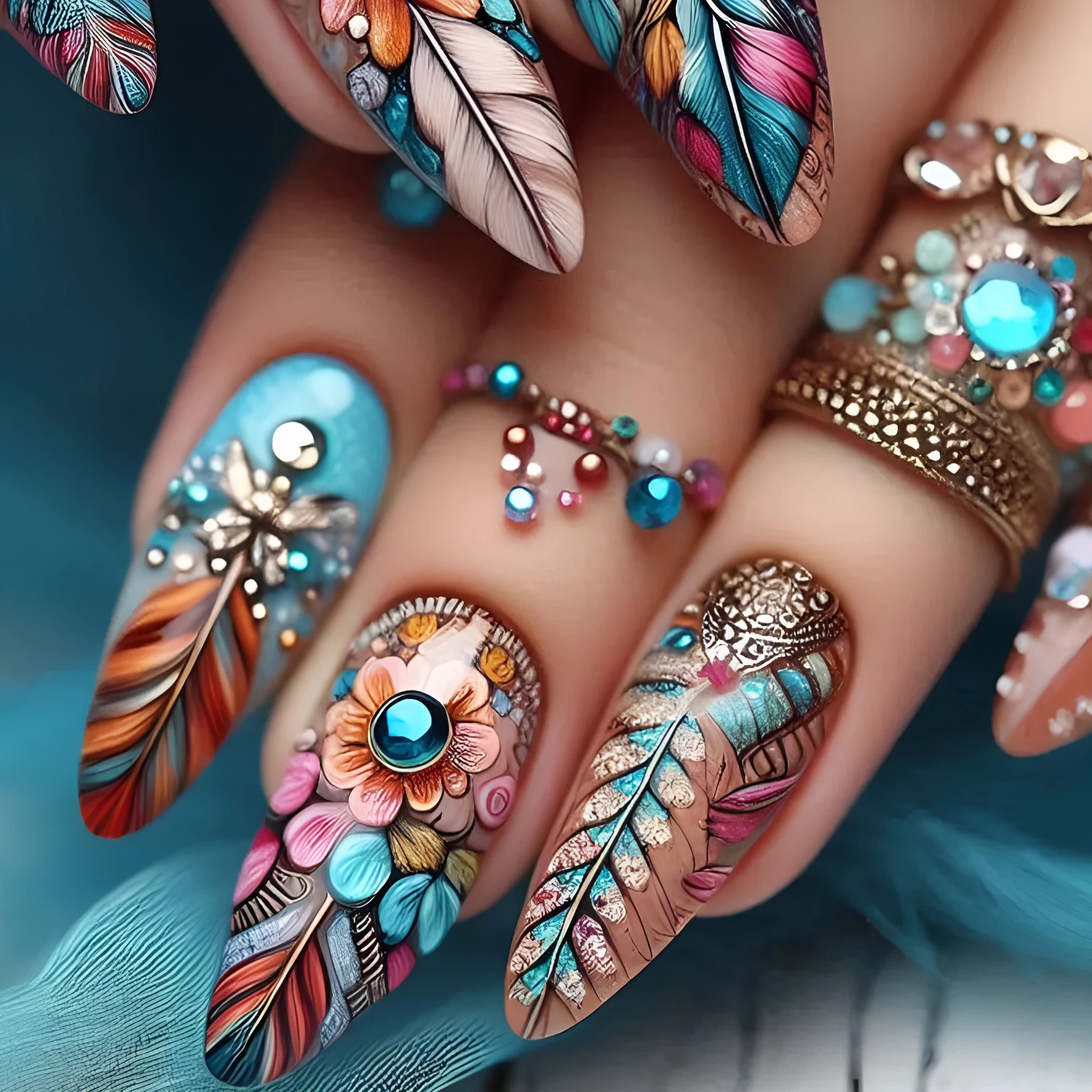 Colourful feather wear armor nail art set with jelly glue burnishing stick featuring retro designs