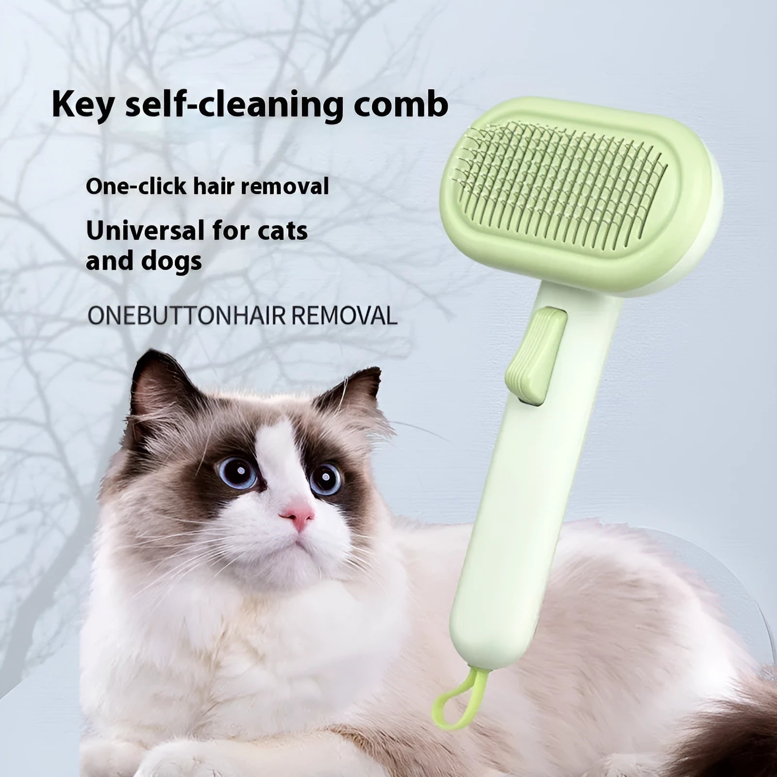 Large pet grooming comb with one-click knot untying function in light grey, green, and pink colours