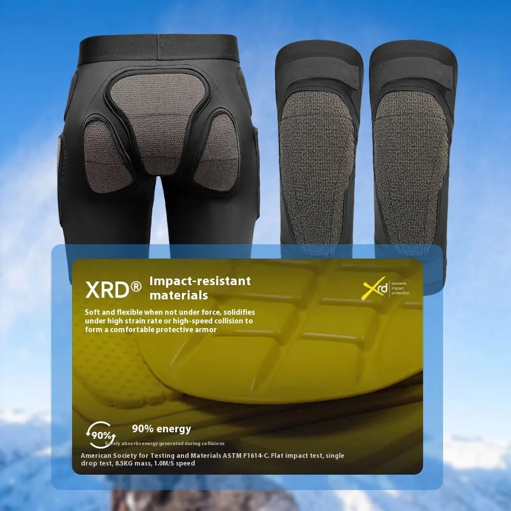 X-ray diffraction ski protective gear showing hip pad and knee pad for impact sports.