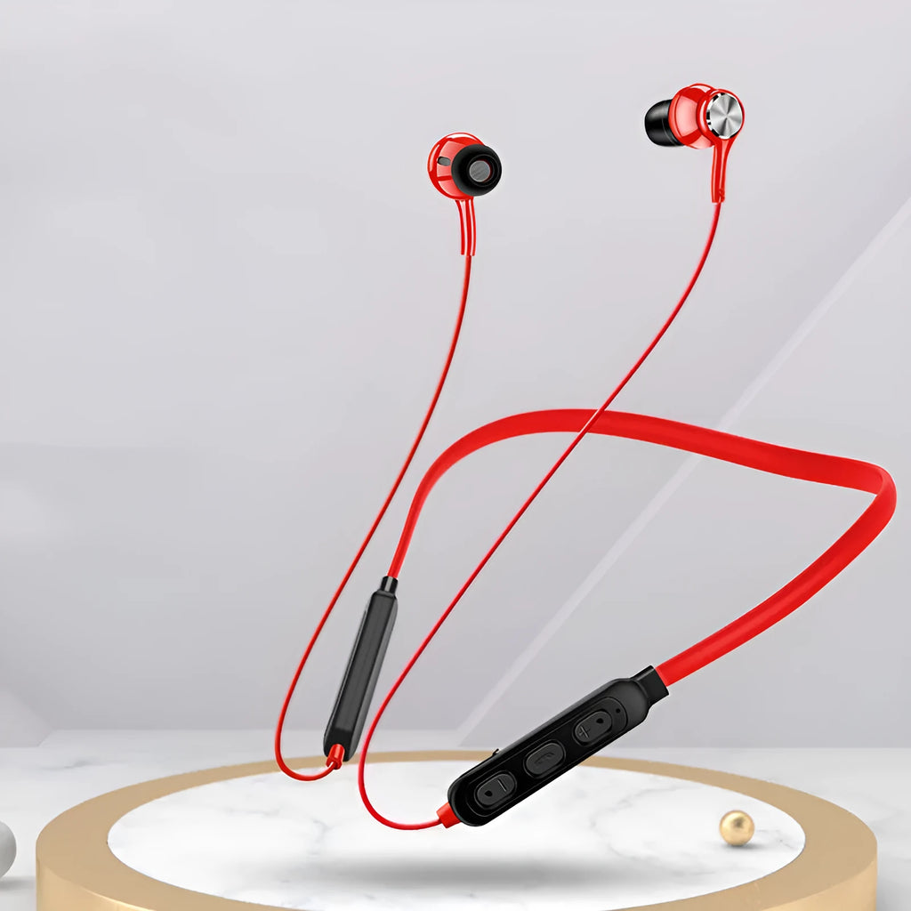 Neckband sports Bluetooth earphones in red, black or white with binaural design