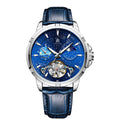 Men's blue dial automatic mechanical watch with stainless steel case and date window