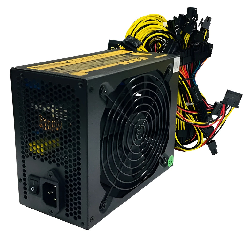 Black server power supply unit with multiple cable connectors including twelve 6+2 pin graphics card interfaces