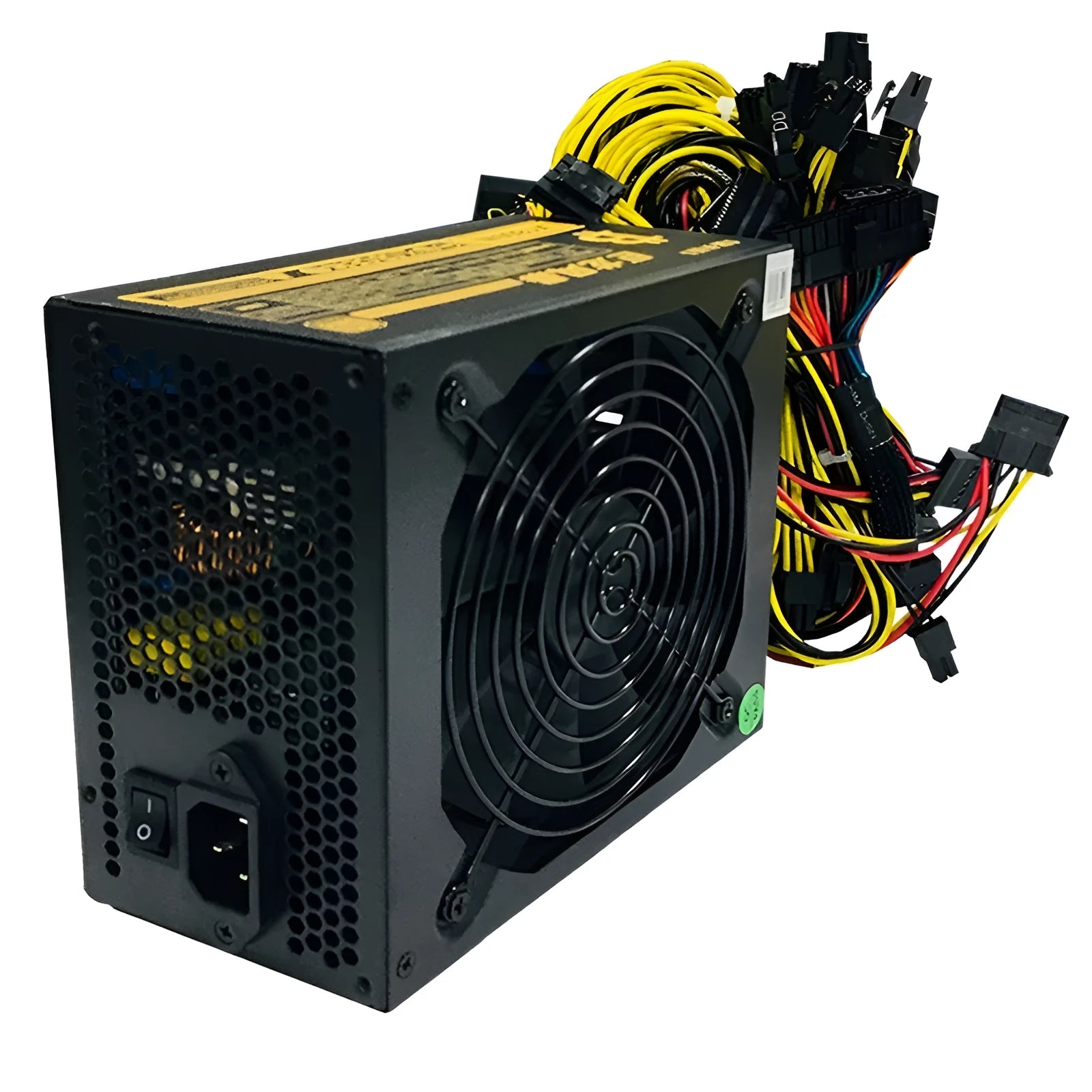 Black server power supply unit with multiple cable connectors including twelve 6+2 pin graphics card interfaces