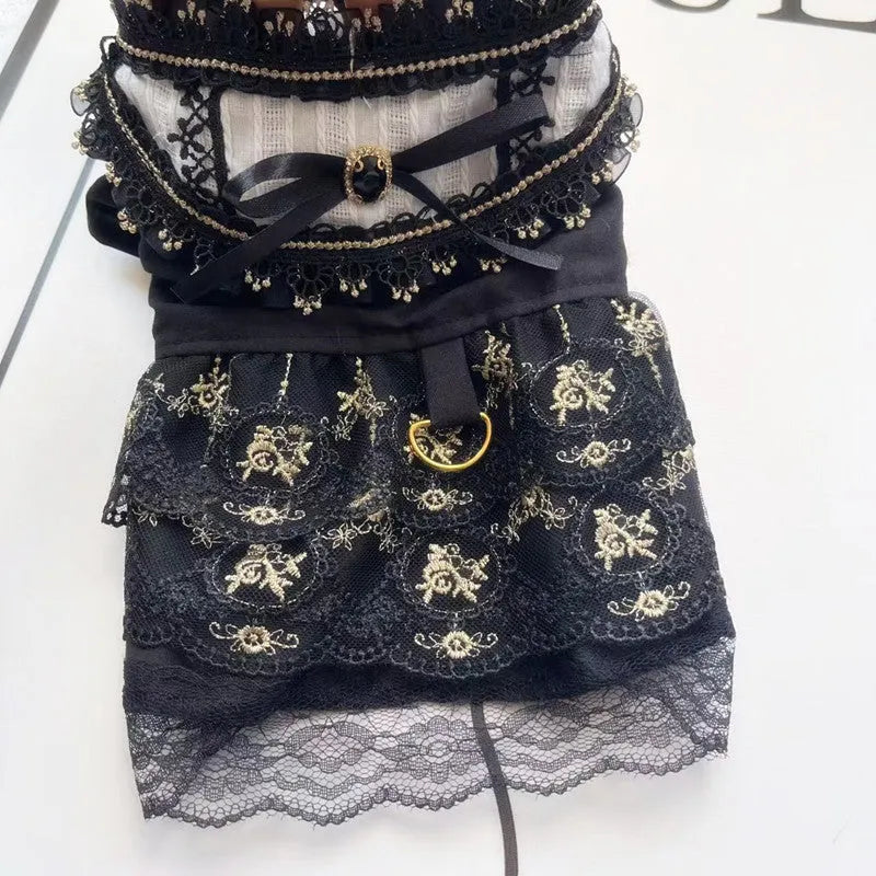 Golden gothic princess style skirt clothing for cat or dog on mannequin