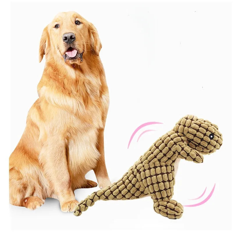 Grey, green and orange dog toys with sound features for bite resistant chewing measuring 35cm