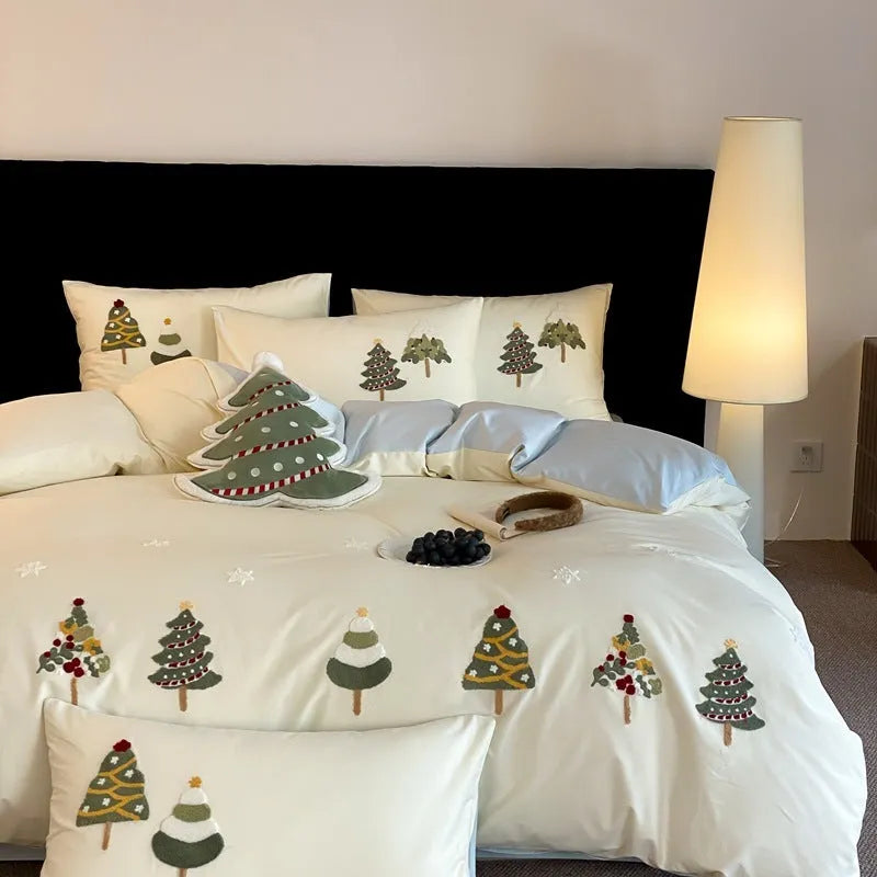 Cute Christmas tree towel embroidered pure cotton bedding set in cream blue or green green with floral patterns