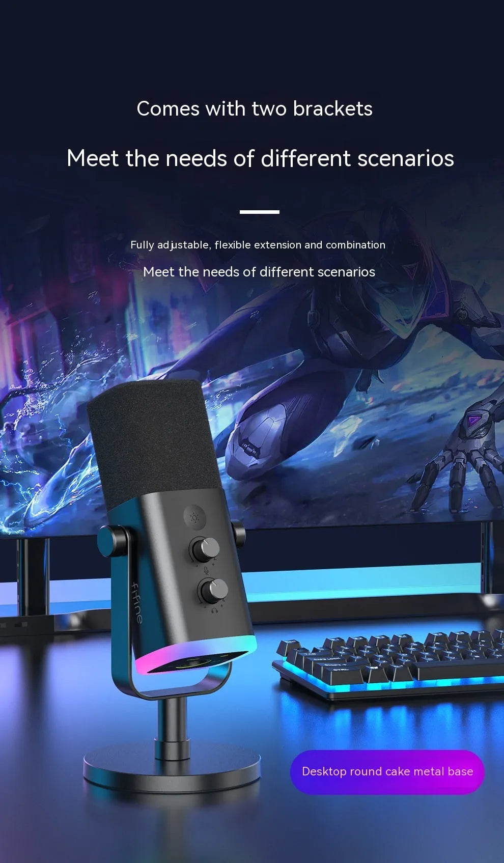 Dynamic noise reduction microphone in black with XLR cable and desktop base.