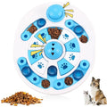 Dog puzzle toy with spherical bells and 24 hidden food compartments in blue and red colours on a light background