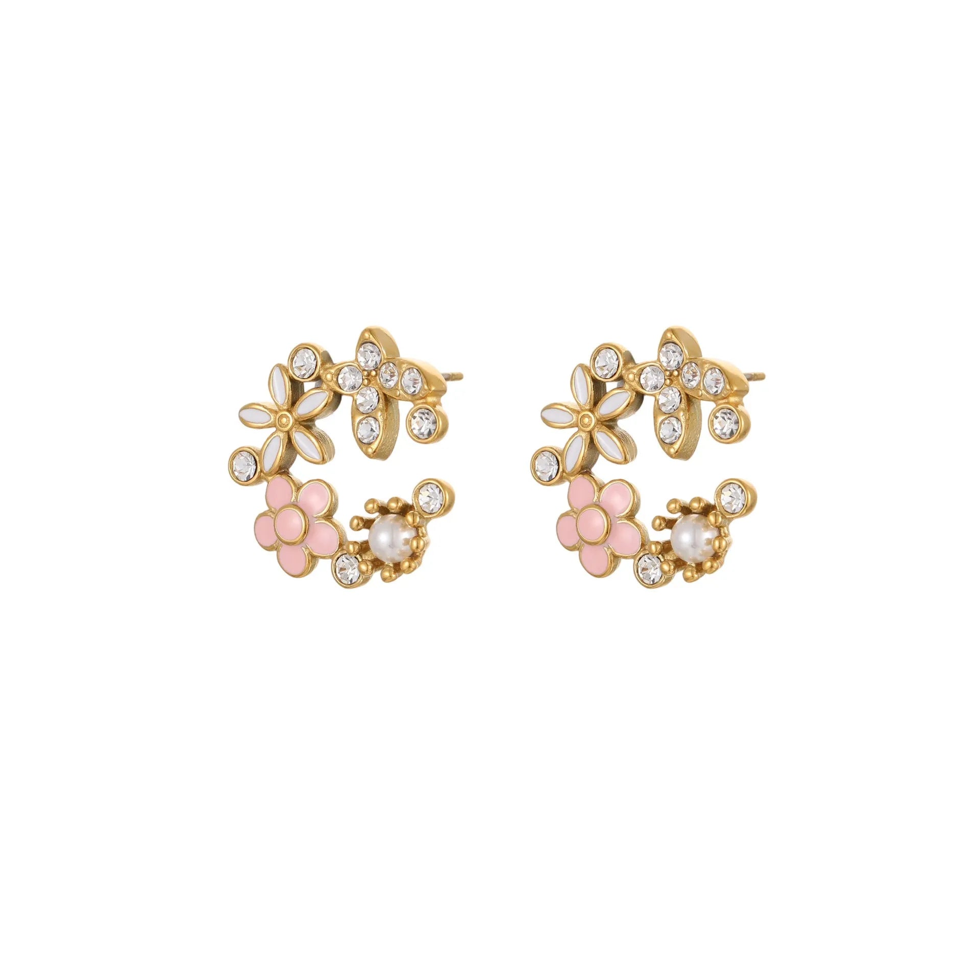 Flower-shaped stud earrings with petal design in electroplated colours on 18K stainless steel