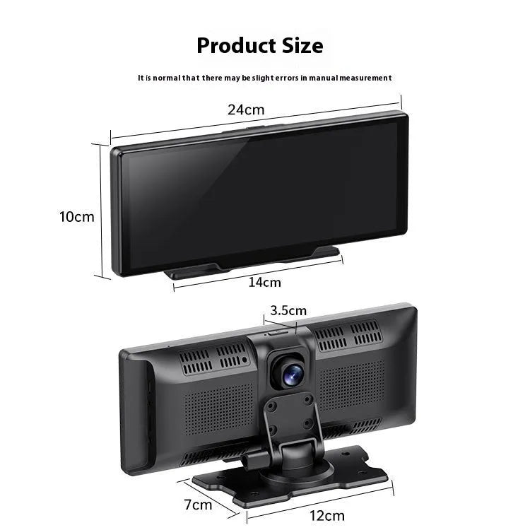 10 inch car smart screen with Carplay display mounted on dashboard, showing front and rear camera views.