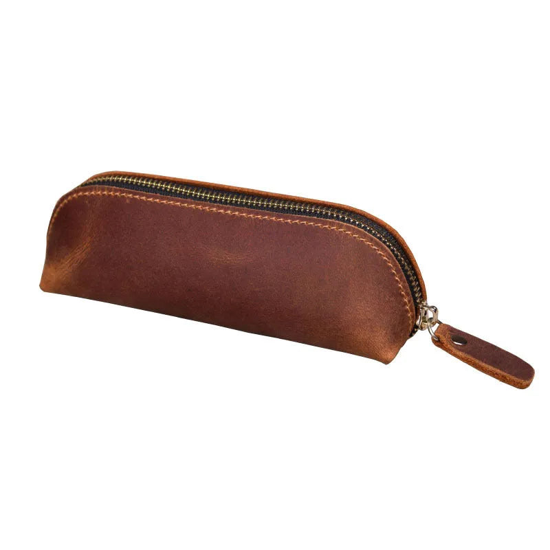 Handmade cowhide leather pencil case with zipper closure showing square 18cm x 6cm x 6cm dimensions
